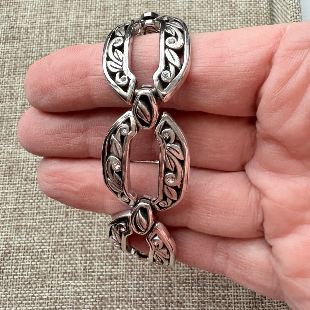 Sterling Silver Leaf-Link Bracelet with CZ Accents - Silver